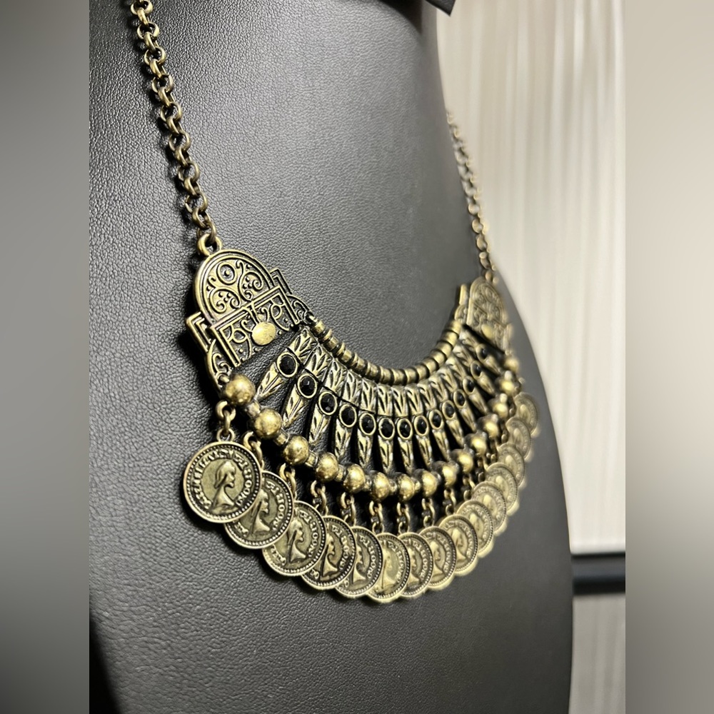 Bib Tribal Gypsy Statement Coin Aged bronze color necklace metal BaubleBar - Picture 8 of 10